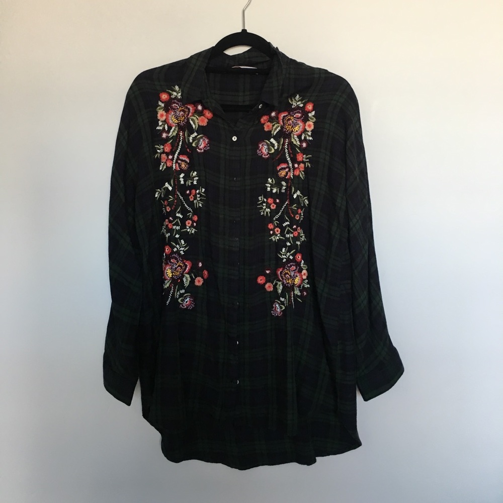 zara button up tunic with flower embroidery